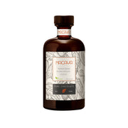 Macaya Premium Organic Belgian Chocolate Liqueur in dark glass bottle with wooden cap and cream-colored label featuring botanical cocoa plant illustrations, displayed against white background